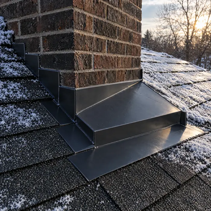 New metal flashing around a chimney on a shingle roof