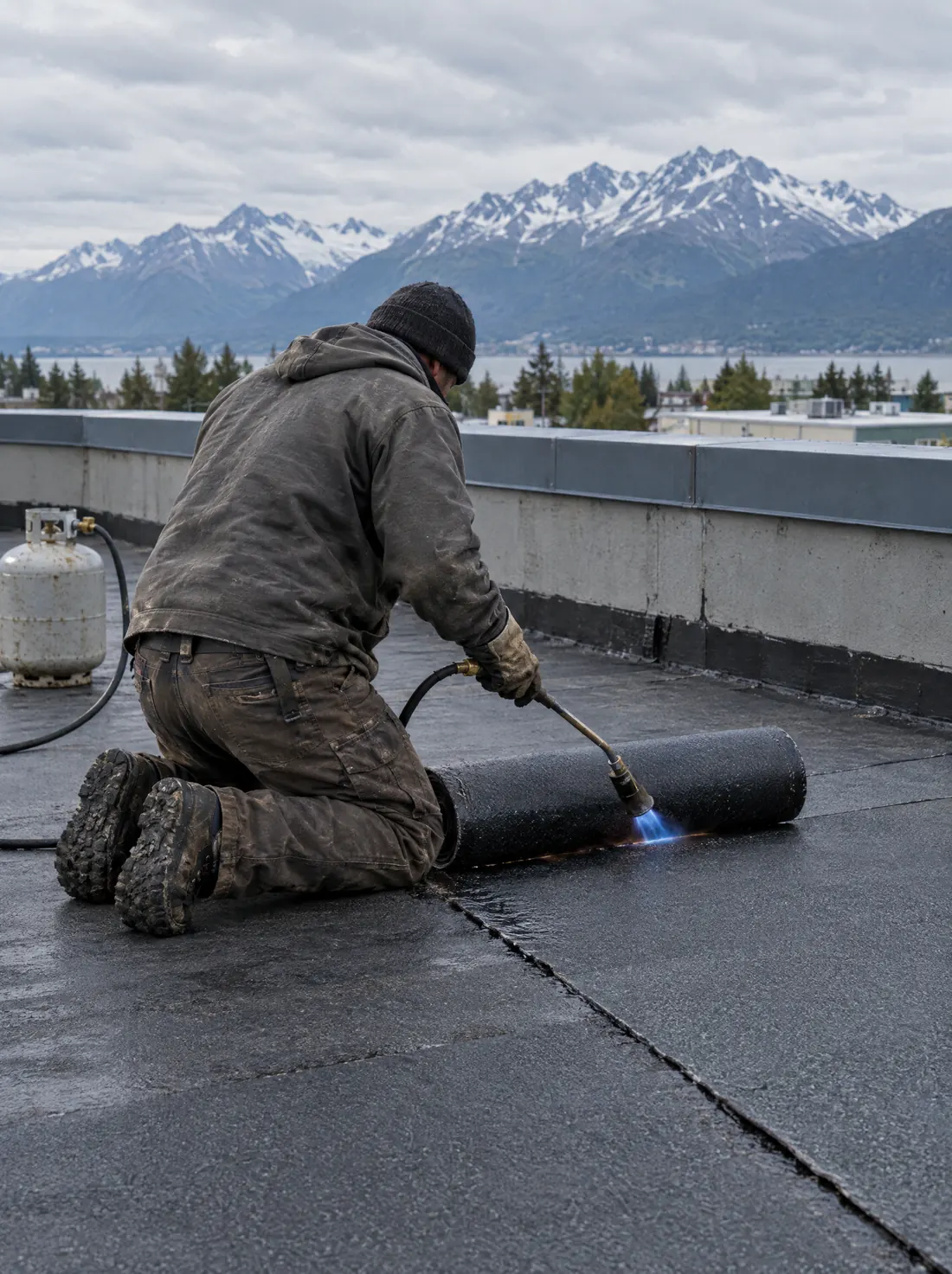 A roofer kneeling on a flat roof, heating a roll of torch-down membrane with a small torch