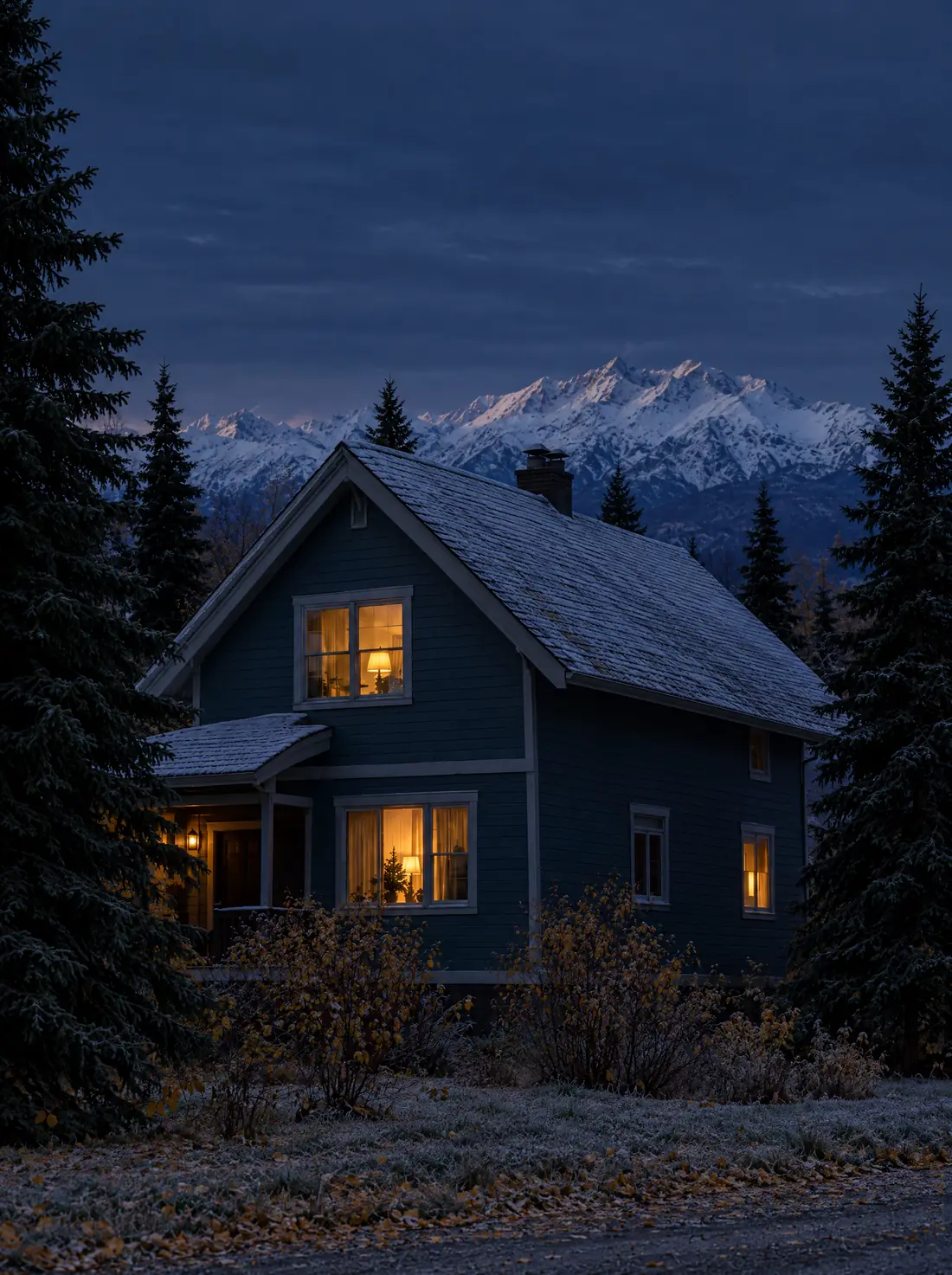 The same house in October, a thin first snow on the roof and yellow birch leaves on the ground
