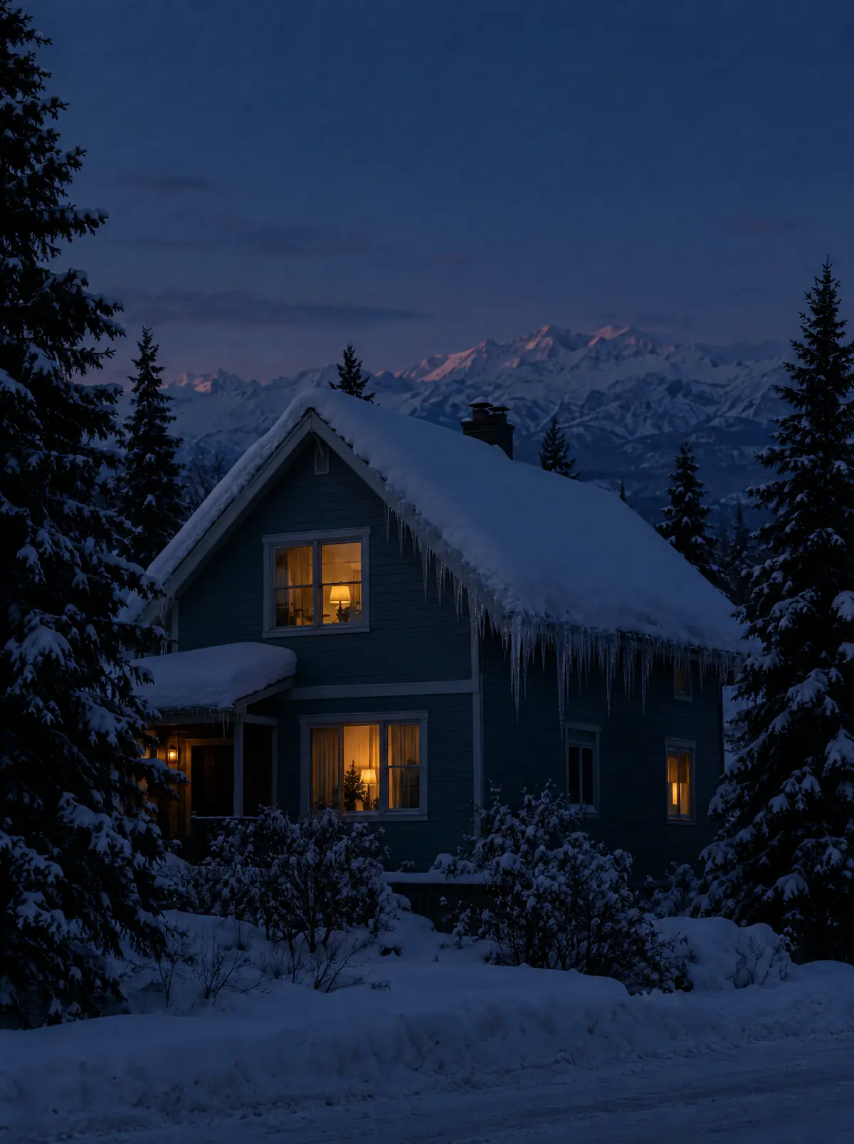 The same house in deep winter, a heavy snow load and a ridge of ice with icicles along the eaves