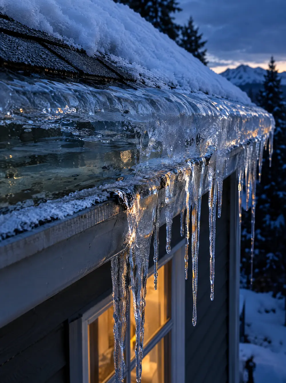 A ridge of ice and long icicles along the edge of a snowy roof