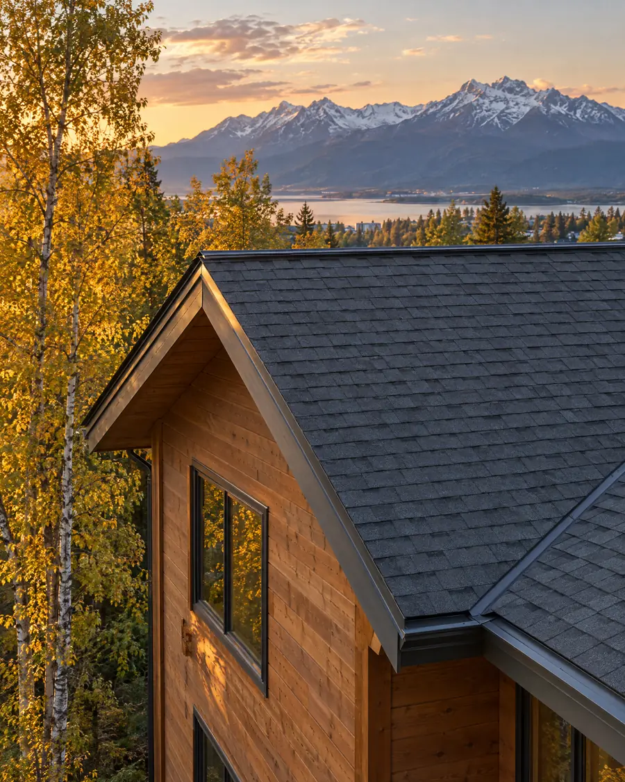 A finished shingle roof on a wood house with birch trees and the Chugach behind