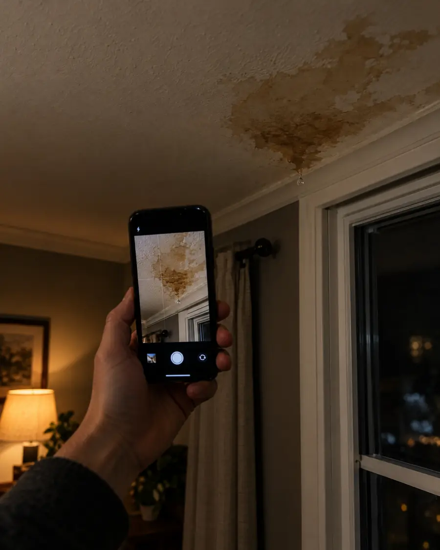 A hand photographing a water stain on a ceiling with a phone