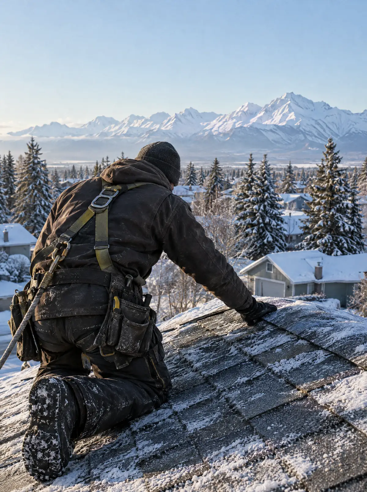 A roofer in a harness kneeling on a frosty roof in South Anchorage, checking the shingles, with the Chugach Mountains behind