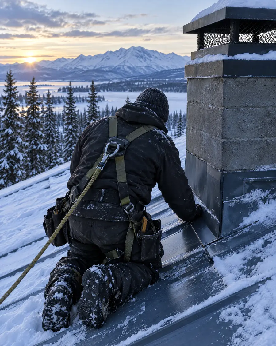 A roofer in a harness checking the flashing around a chimney on a snowy roof