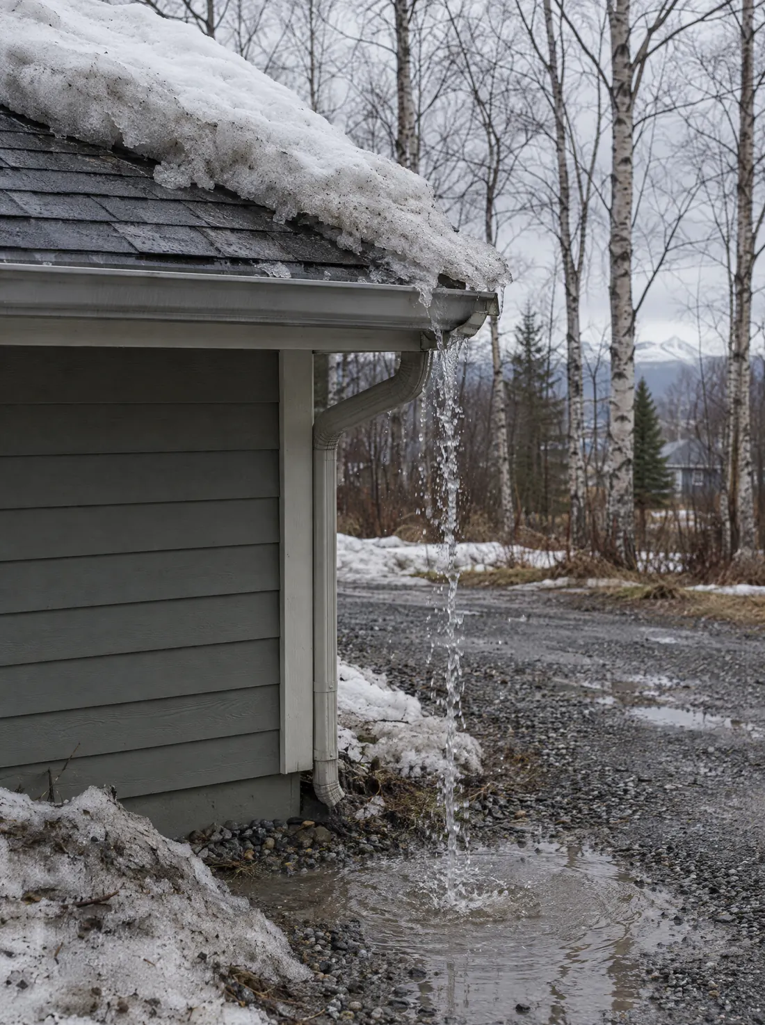 A roof corner in April, wet shingles, slush hanging over the eave and melt water pouring from the gutter into a puddle