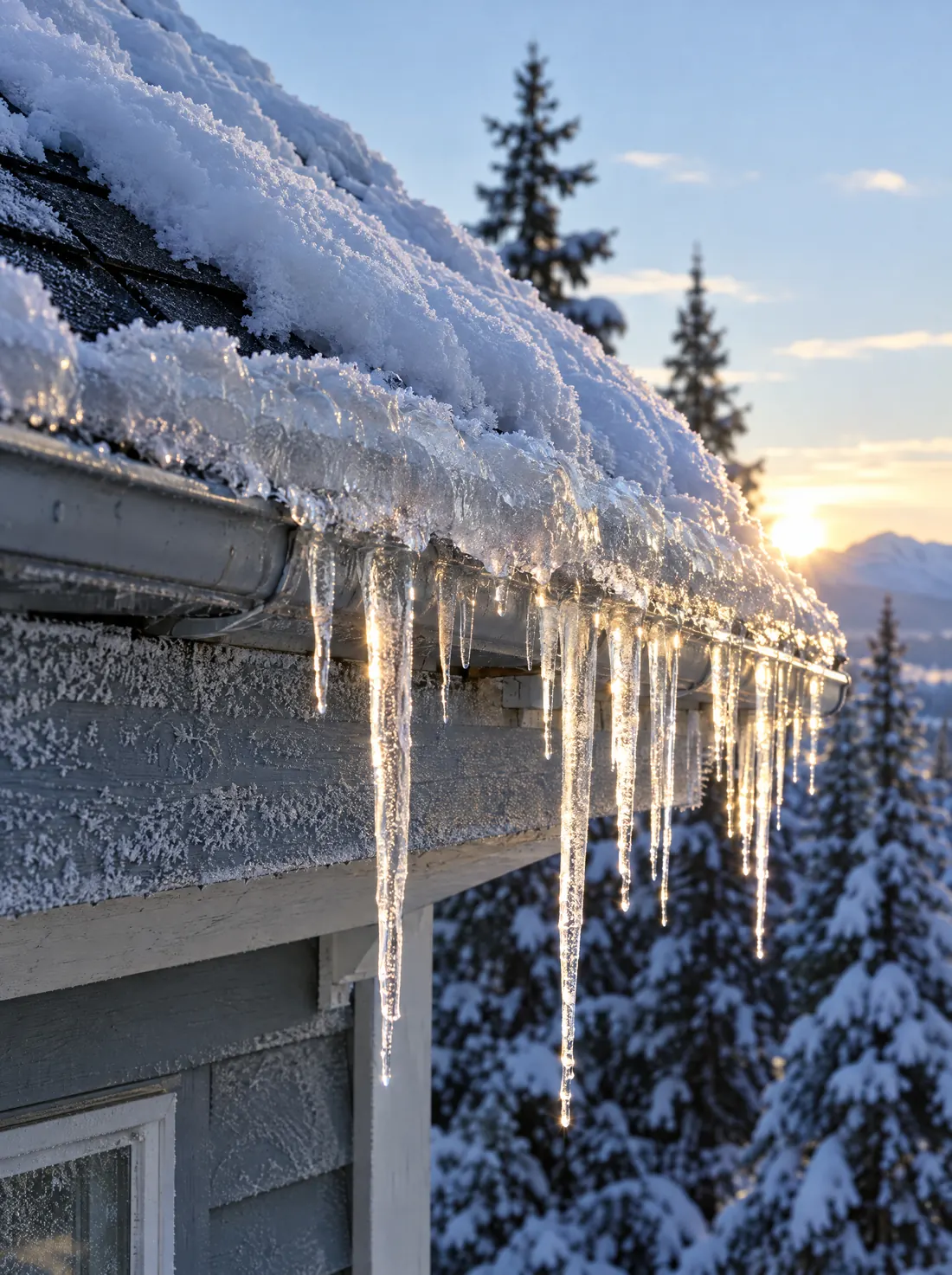 A ridge of ice and long icicles along a snowy roof edge, the low January sun shining through them