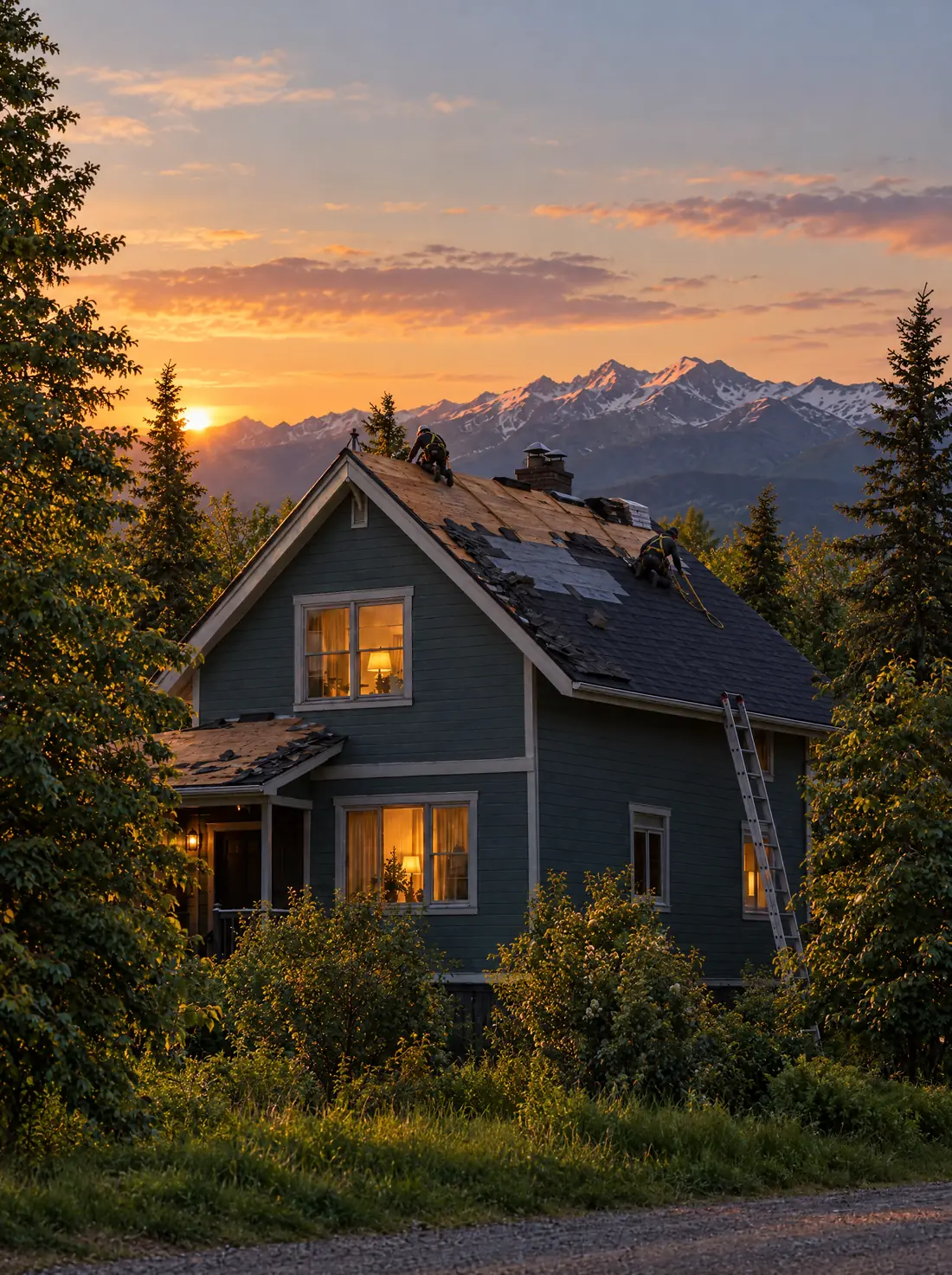 The same house on a long July evening, half of the roof stripped and new shingles going on