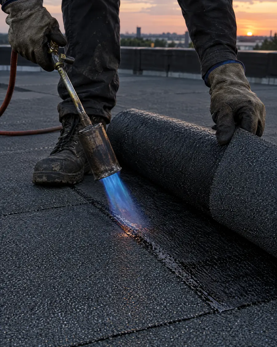 A torch softening the edge of a black torch-down membrane on a flat roof